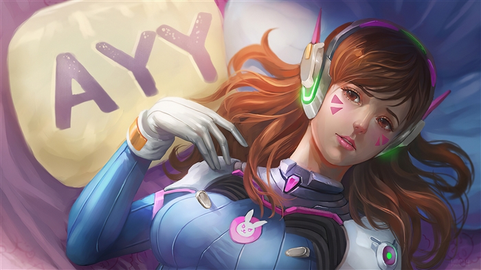 D.Va from Overwatch lying down with "AYY" pillow