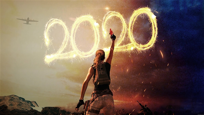 Woman holding flare with 2020 sparklers and airplane