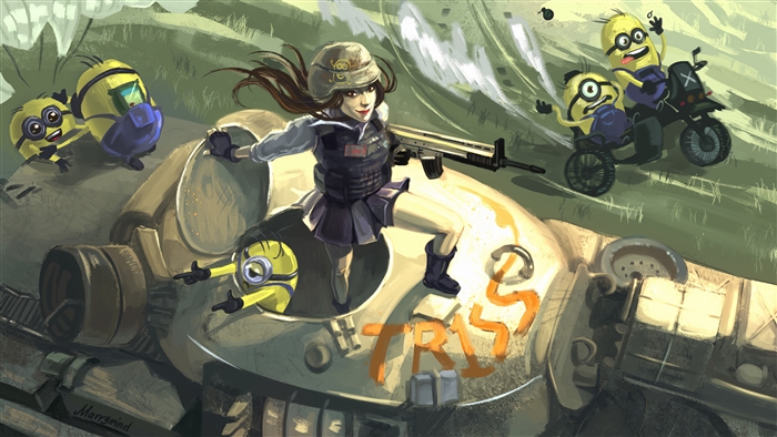 Minions and Girl with Gun on Mech in PUBG Art 4K