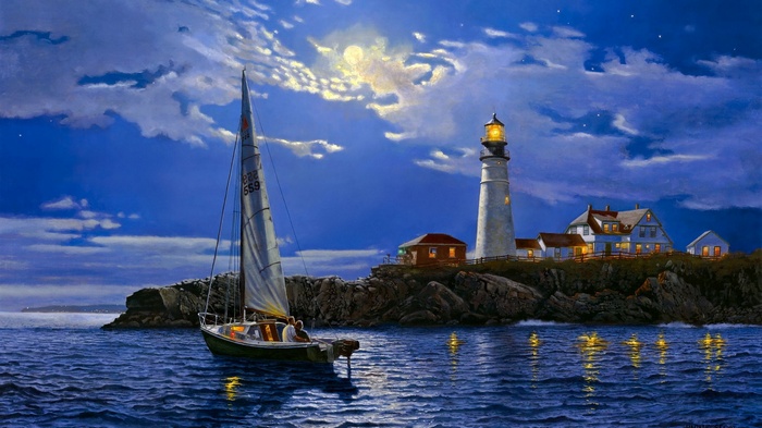 Sailboat near a lighthouse at night