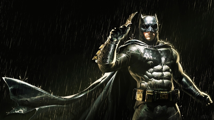 Batman holding a Batarang in the rain