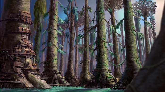 Fantasy village built on giant trees in a swampy forest