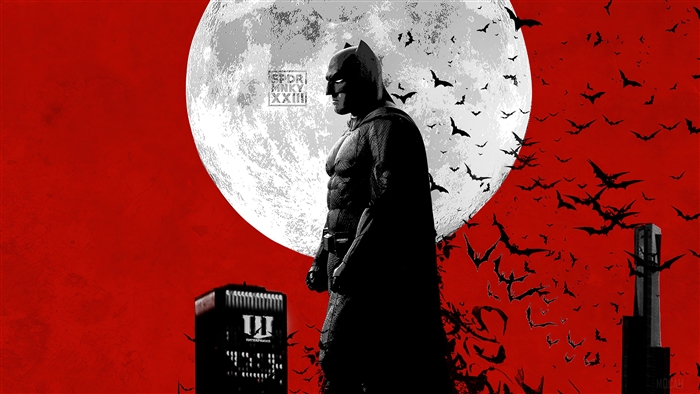 Batman in front of a large moon with bats and city buildings