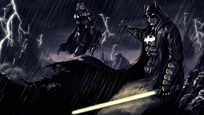 Batman and Darth Vader in a thunderstorm