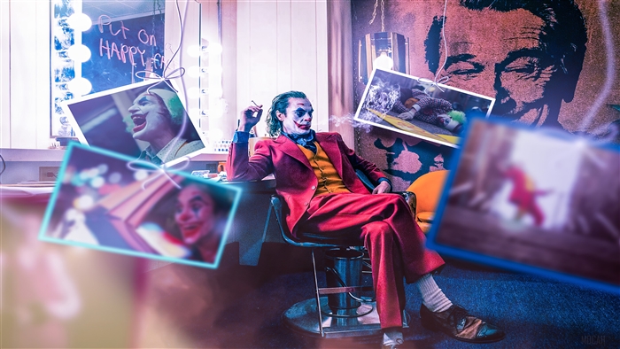 Joker sitting and smoking, surrounded by photos