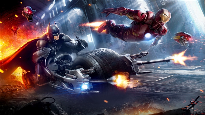 Batman and Iron Man in a battle with drones 4K
