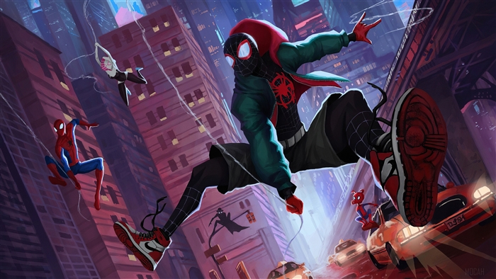 Spider-Verse characters swinging through New York City 4K