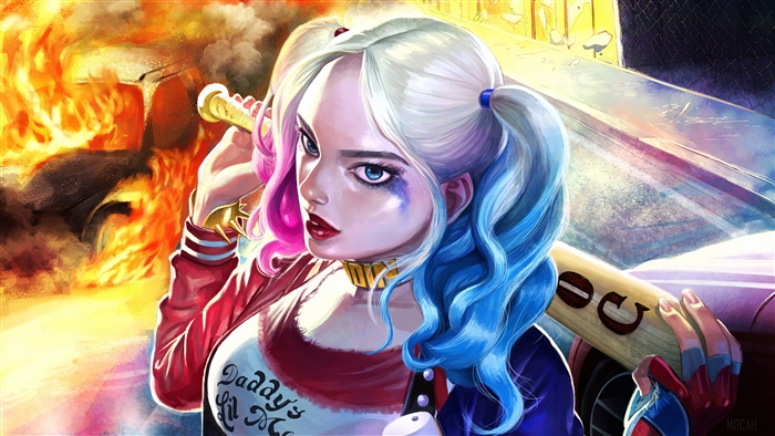 Harley Quinn with baseball bat and burning car