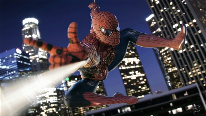 Spider-Man shooting web in city at night 4K