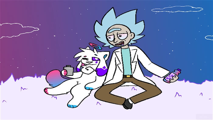 Rick Sanchez and a furry character with potions