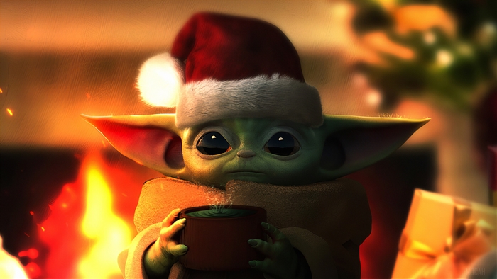 Baby Yoda wearing Santa hat with mug by fireplace 4K
