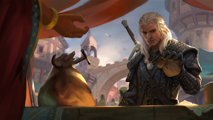 Geralt of Rivia from The Witcher in a marketplace