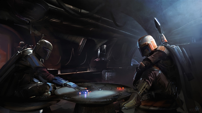 Mandalorians playing a game in an enclave