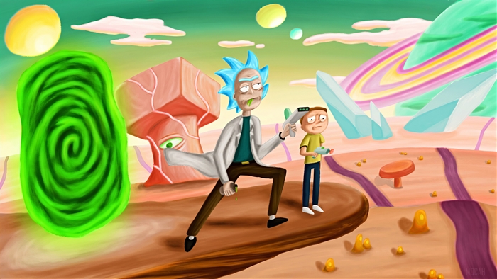 Rick and Morty in an alien landscape with a portal