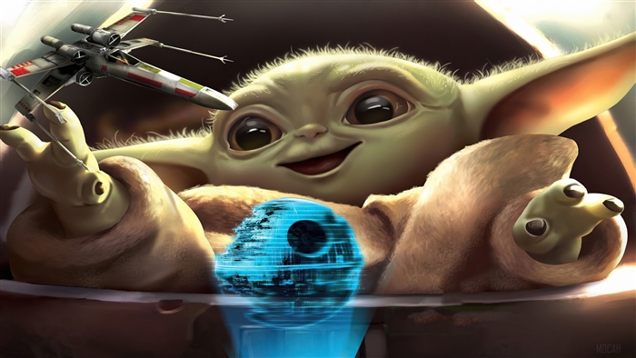 Baby Yoda holding an X-wing and Death Star hologram