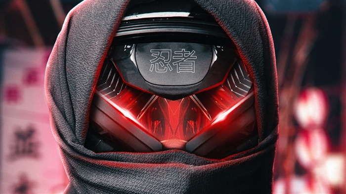 Sci-fi Ninja with glowing red eyes and Japanese text