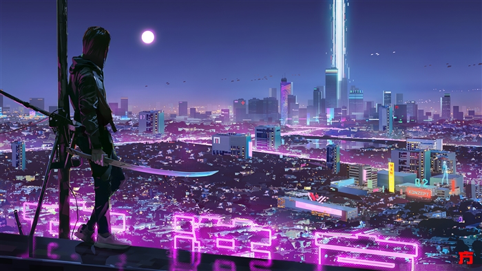 Cyber Ninja Overlooking Neon Cityscape 4K
