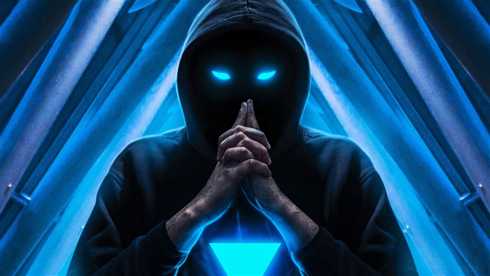 Hooded figure with glowing eyes and triangle symbol 4K