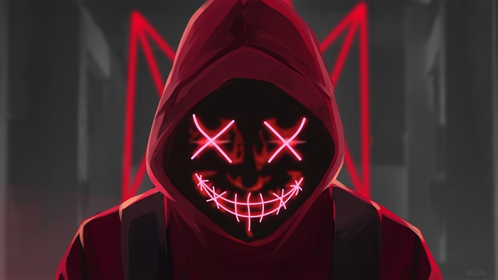 Red Hooded Figure with Neon Mask 4K
