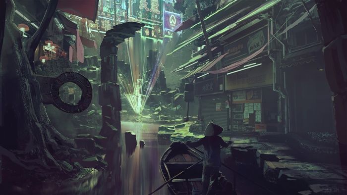 Cyberpunk Market in Ancient Ruins 4K