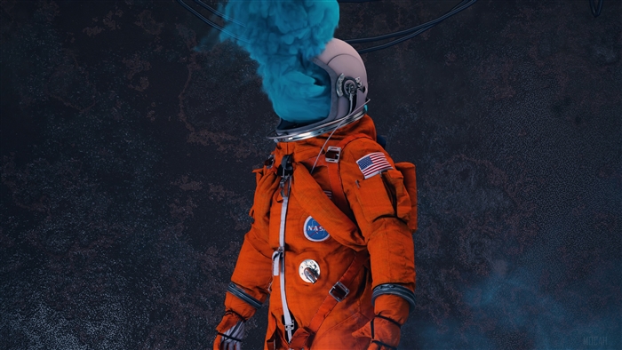 Astronaut with blue smoke from helmet, NASA suit, 4K
