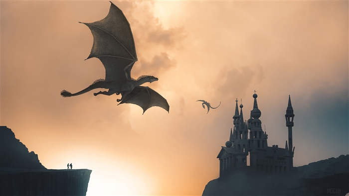 Dragons flying near a castle and cliffs 4K