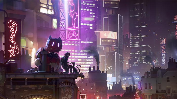 Robot and person on rooftop in neon city by Vincent Lefevre 4K