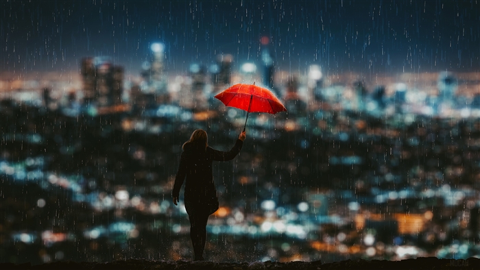 Woman with Red Umbrella in Rain 4K