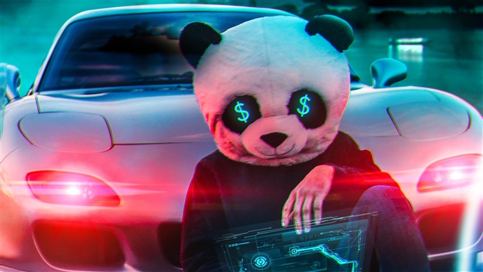 Panda with dollar sign eyes and a car 4K