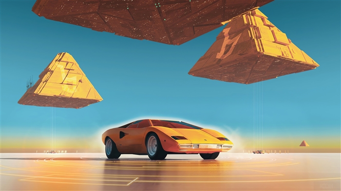 Orange Lamborghini Countach under floating pyramids 4K
