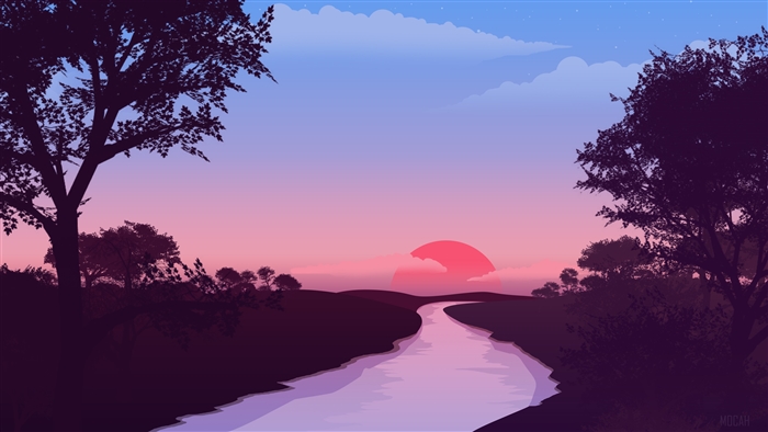 River flowing towards red sunset with trees 4K