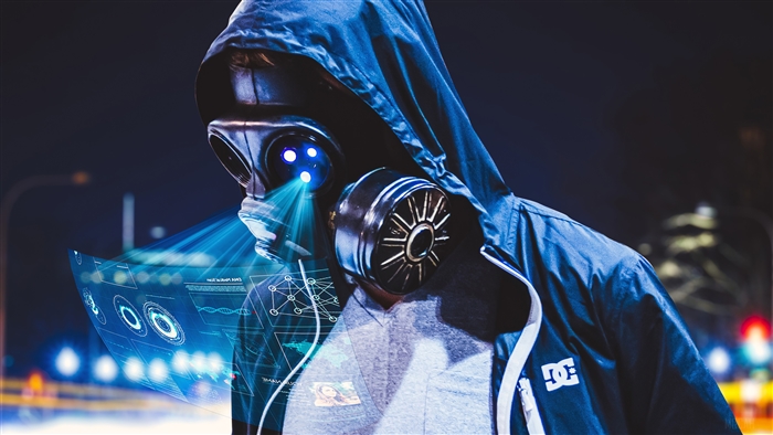 Person in gas mask with holographic interface