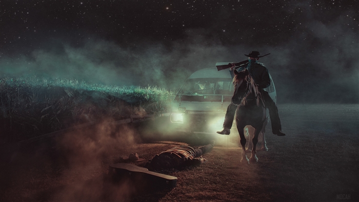 Cowboy on horse with rifle near van and fallen man