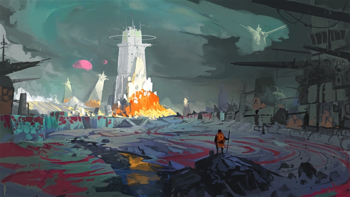 Post-apocalyptic landscape with a central tower and a lone figure