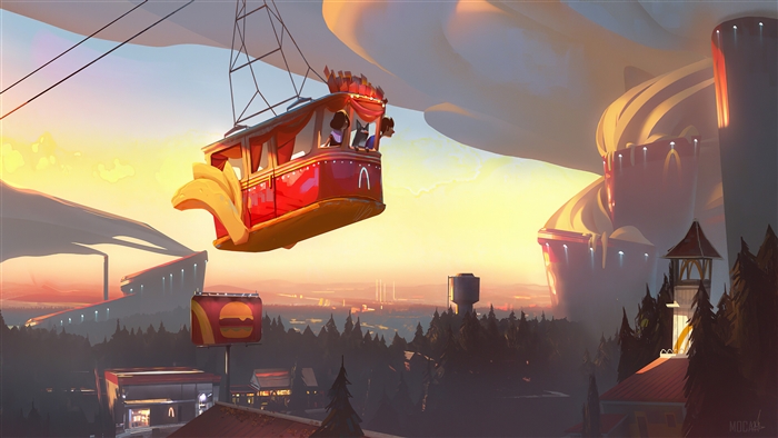 McDonald's themed cable car over a city at sunset