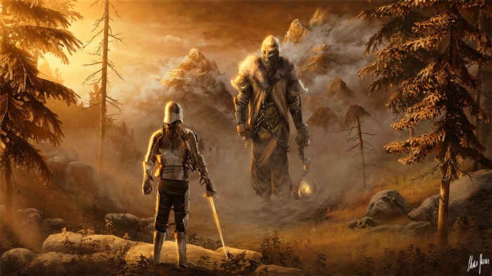 Knight Facing a Giant in a Forest