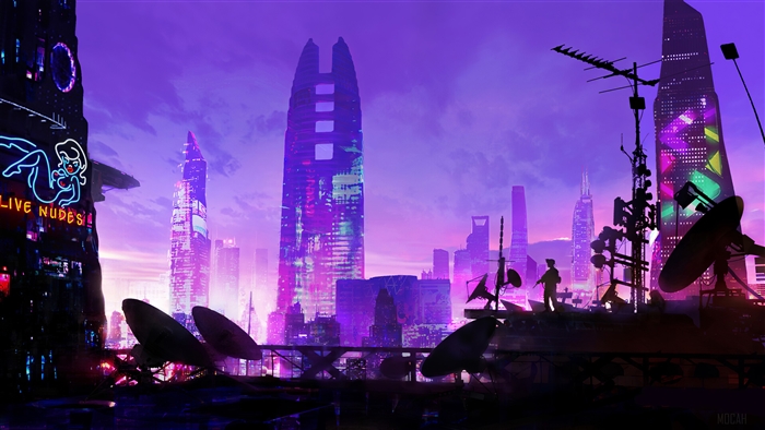 Cyberpunk city skyline with neon signs and skyscrapers 4K