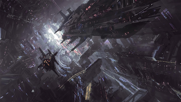 Spaceship in a futuristic city