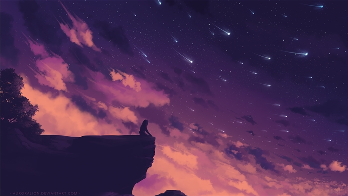 Girl on cliff watching meteor shower 4K