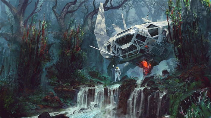 Astronauts and crashed spaceship in alien forest 4K