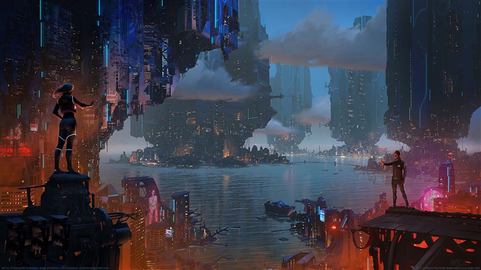 Futuristic Cityscape with Two Figures