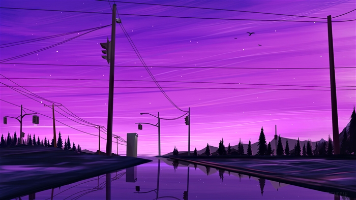 Purple Sky Over Road with Reflections