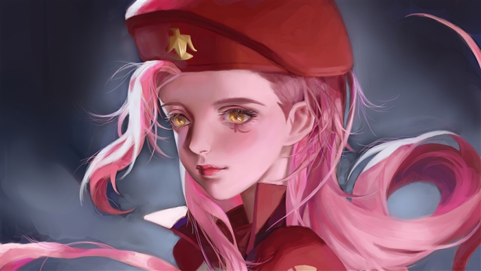 Girl with pink hair and red beret 4K