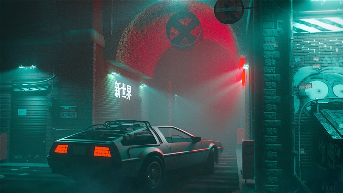 Delorean car in a neon-lit alleyway