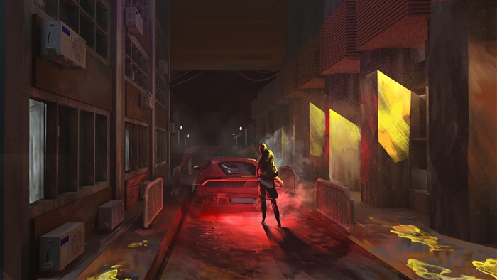 Person standing by a red car in a dark alley at night