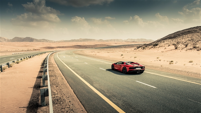 Red Lamborghini Aventador S Roadster on Desert Road 4K