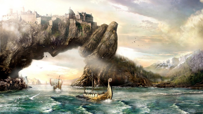 Viking ships sailing past a castle on a cliff