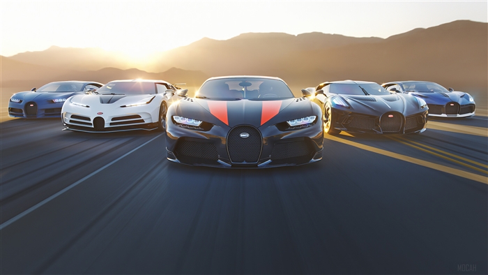 Bugatti cars on a road at sunset 4K