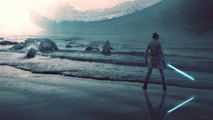 Rey from Star Wars with a lightsaber on a beach