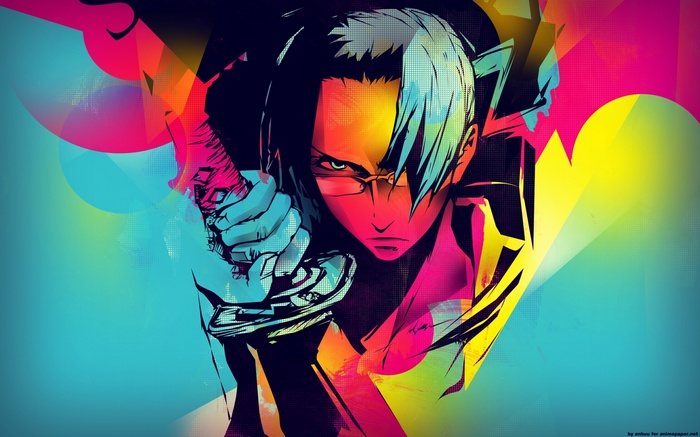 Samurai Champloo character with sword and colorful abstract background